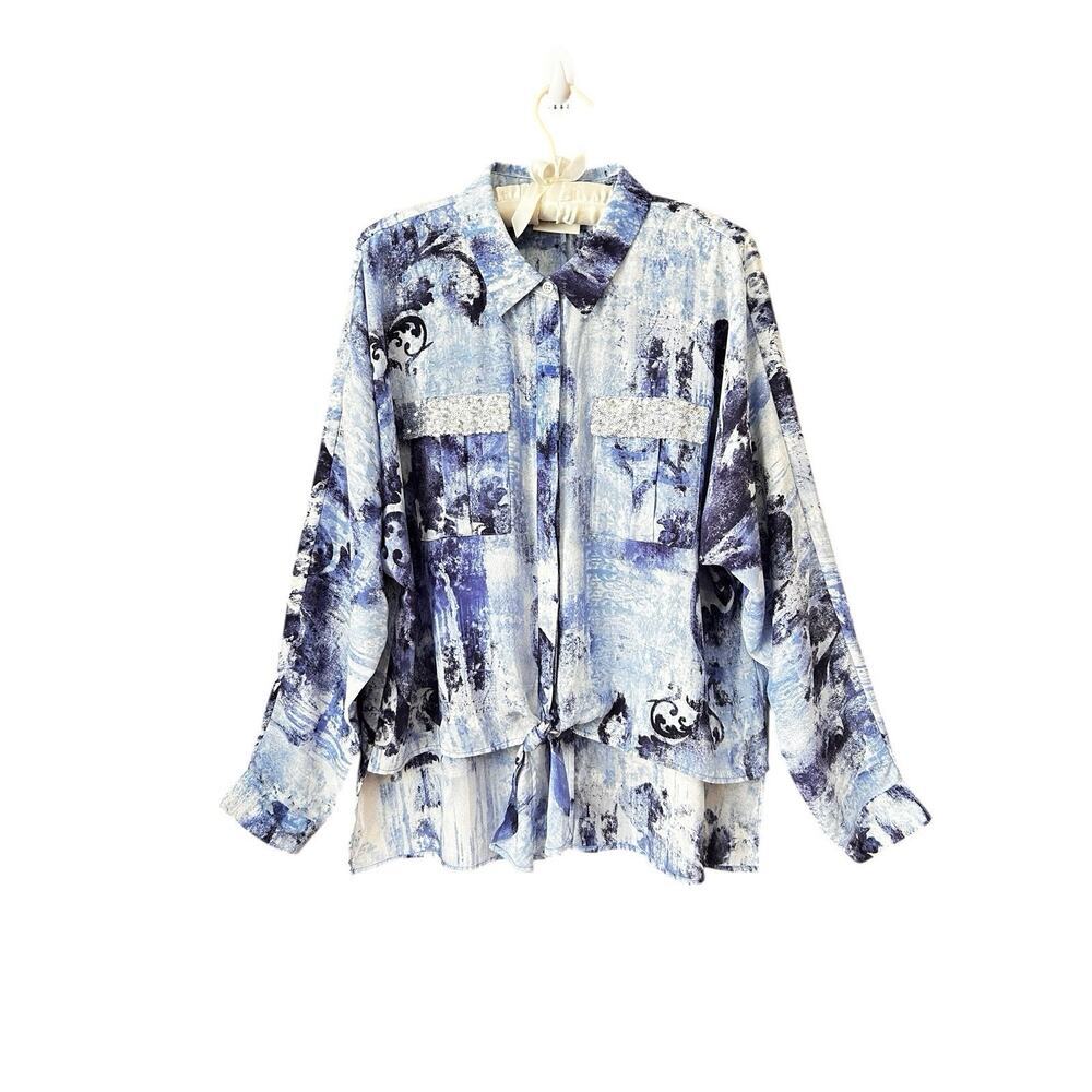 Chico's Women’s Shadow Scroll Emily Sequin Trim Tie Front Blouse Top Size 2-L